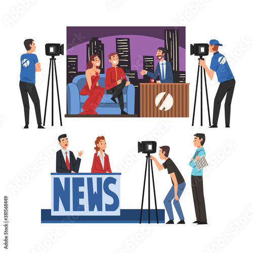 Television Industry Set, Talk Show with Celebrity Participants, TV News News Show Cartoon Style Vector Illustration