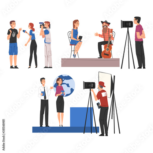 Television Industry, Journalists Taking Interview and Cameramen Shooting with Video Camera Cartoon Style Vector Illustration