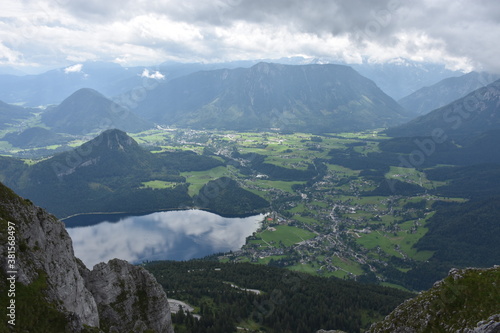 Panoramic aerial view of the mountains and lake around Altaussee in Salzkammergut, Austria, seen from top of the Loser mountain in Styria.