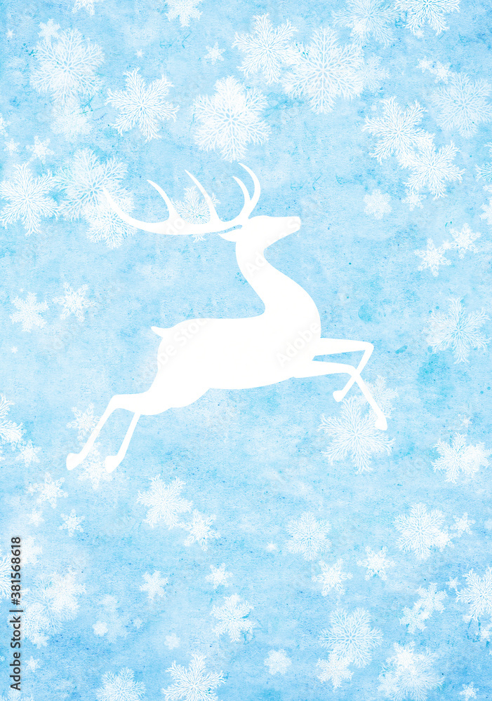 Christmas background with old paper texture of blue color and deer silhouette