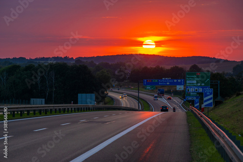 sunset over the highway from Poland to Germany