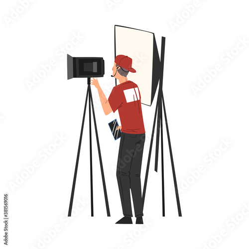 Cameraman Shooting with Professional Video Camera on Tripod, Television Industry Concept Cartoon Style Vector Illustration