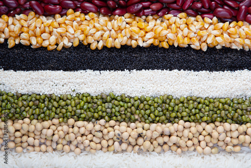 Cereal grains seeds beans on wooden background. Whole grains and bean. Cereals and beans. Different dry legumes for eating healthy