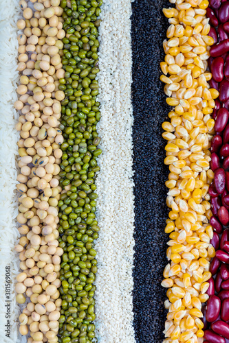 Cereal grains seeds beans on wooden background. Whole grains and bean. Cereals and beans. Different dry legumes for eating healthy