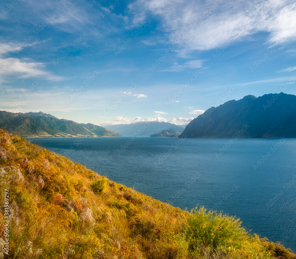 Close up view from Lake Hawea Lookout on a beautiful sunny morning in Otago Region, New Zealand, South Island.