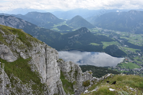 Panoramic view of the mountains and lake around Altaussee in Salzkammergut, Austria, seen from top of the Loser mountain in Styria.
