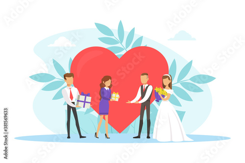 Romantic Couple of Newlyweds  Guests Giving Gifts to Just Married Bride and Croom Flat Vector Illustration