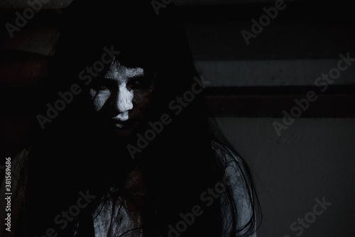 Woman ghost horror face her standing looking eyes, halloween concept