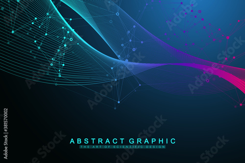 Big Genomic Data Visualization. DNA helix, DNA strand, DNA Test. CRISPR CAS9 - Genetic engineering. Molecule or atom, neurons. Abstract structure for Science or medical background, banner. Wave flow.