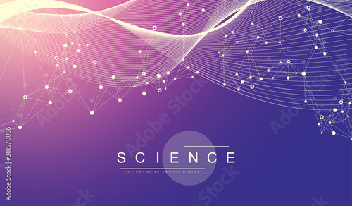 Big Genomic Data Visualization. DNA helix, DNA strand, DNA Test. CRISPR CAS9 - Genetic engineering. Molecule or atom, neurons. Abstract structure for Science or medical background, banner. Wave flow.