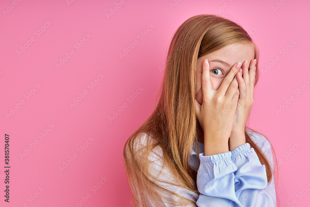 scared surprised girl look at camera, emotionally reacts on something, isolated pink background scared surprised girl look at camera, emotionally reacts on something, isolated pink background