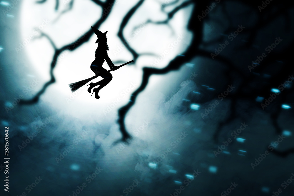 Silhouette of witch woman with a hat flying on a magic broomstick
