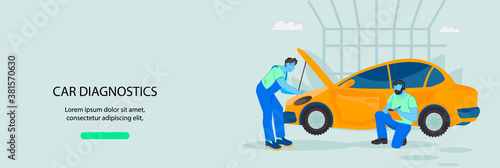 Mechanics repair car engines and diagnose the condition of cars, flat vector illustration. Web banner or flyer for car maintenance service, automobile workshop.