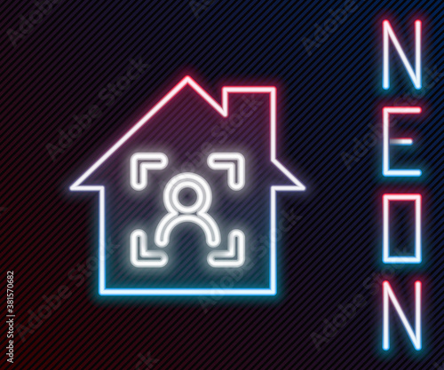 Glowing neon line Smart home with face recognition icon isolated on black background. Face identification scanner icon. Facial id. Cyber security concept. Colorful outline concept. Vector.