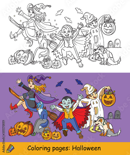 Vector halloween coloring and colored example witch, vampire, ghost