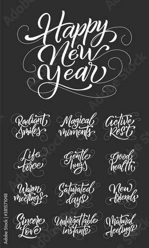 Happy New Year lettering set. Handdrawn script quotes for greeting card, invitation or poster. Vector emblem, text design