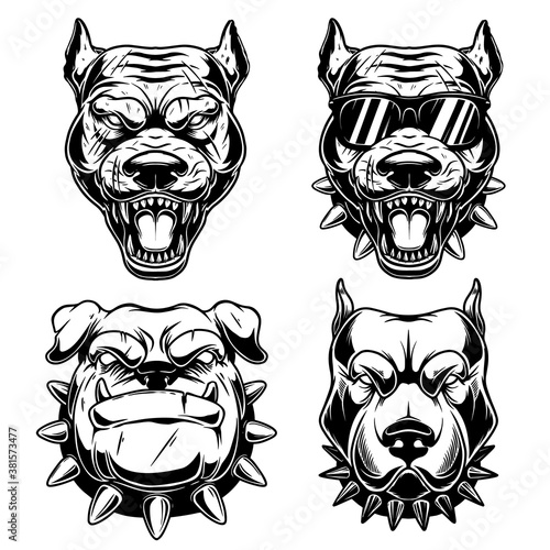 Set of Illustrations of angry dog heads in monochrome style. Design element for logo, emblem, sign, poster, card, banner. Vector illustration