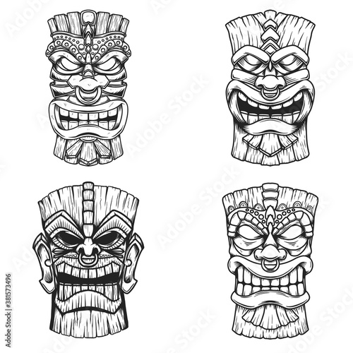 Sет of Illustrations of Tiki tribal wooden mask. Design element for logo, emblem, sign, poster, card, banner. Vector illustration