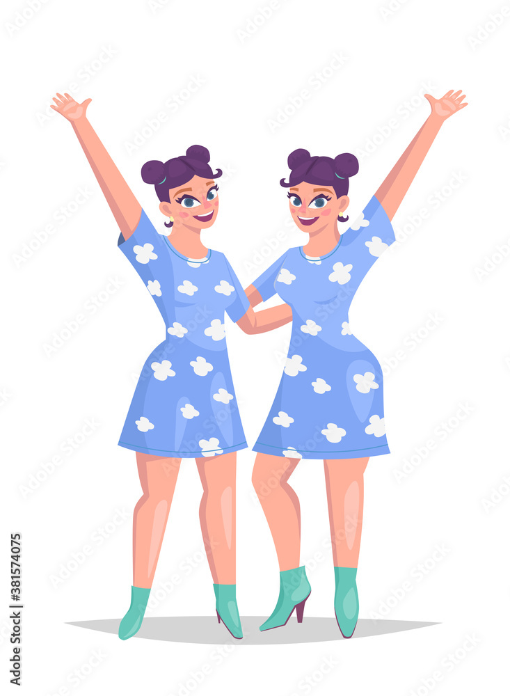 Twins sisters hugging, happy girls vector illustration Twins sisters hugging, happy girls vector illustration