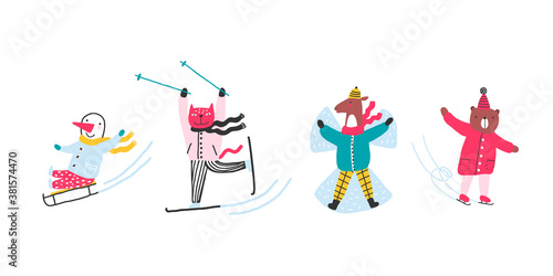 Set with cute animals in winter, playing, skiing, sledding, skating. Isolated objects on white. Hand drawn vector illustration. Concept kids print.