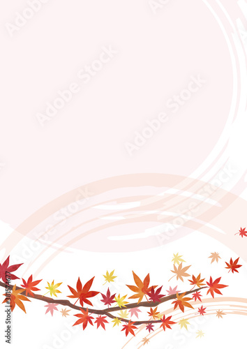 秋の背景素材 紅葉 もみじの枝 下部に装飾 薄桃色背景（縦長 A3・A4比率）