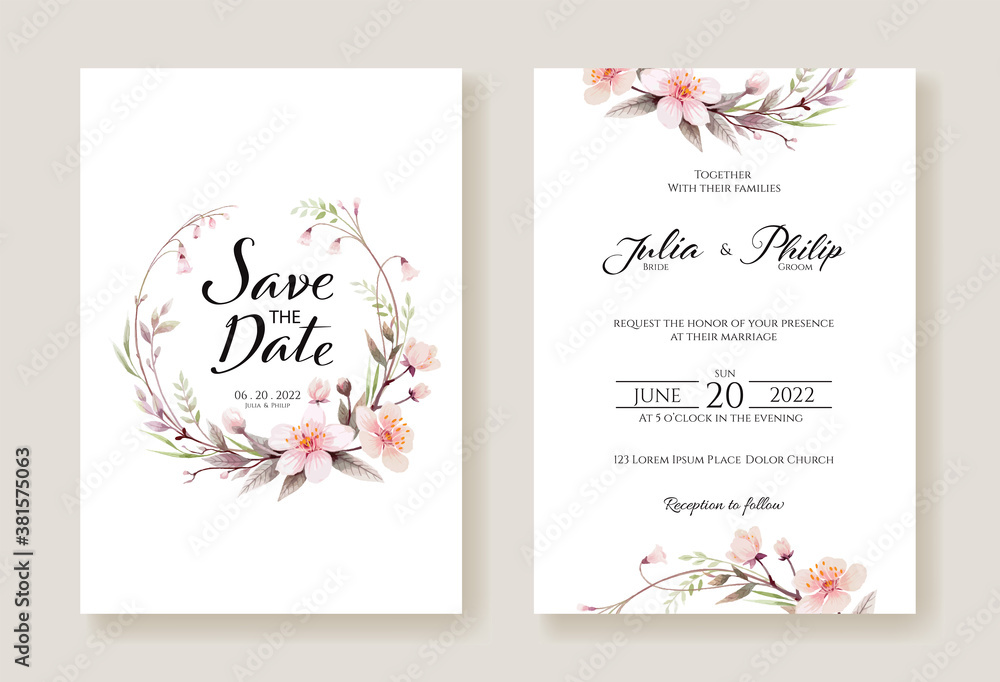 Cherry blossom flowers wedding Invitation, save the date card template. Watercolour style.