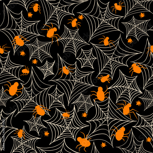 Halloween seamless pattern with spider and spider web, vector endless illustration. Black background