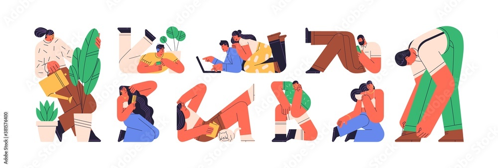 Colorful set of daydreaming or relaxing people. Scene of recreation or relaxation at home. Characters sitting, lying, reading. Vector illustration in flat cartoon geometrical style isolated on white