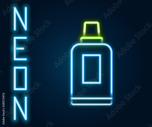 Glowing neon line Plastic bottle for laundry detergent, bleach, dishwashing liquid or another cleaning agent icon isolated on black background. Colorful outline concept. Vector.