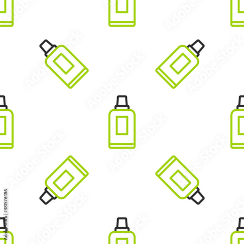 Line Plastic bottle for laundry detergent, bleach, dishwashing liquid or another cleaning agent icon isolated seamless pattern on white background. Vector.