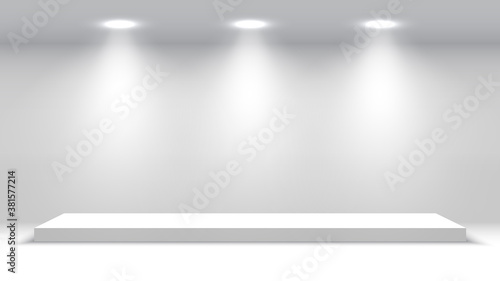 White podium with spotlights. Stage for awards ceremony. Pedestal. Vector illustration.