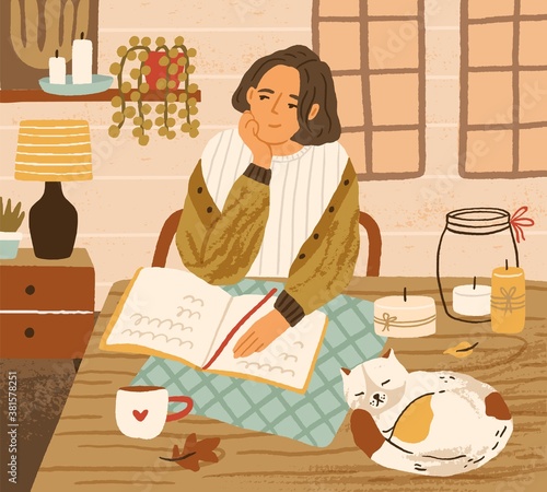 Young woman at table with sleeping cat. Cozy autumnal atmosphere at home. Dreaming character in warm clothes sit in room. Scene of daydream or recreation. Flat vector illustration of homely apartment