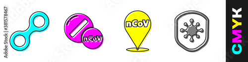 Set Virus, Medicine pill or tablet, Corona virus 2019-nCoV on location and Shield protecting from virus icon. Vector.