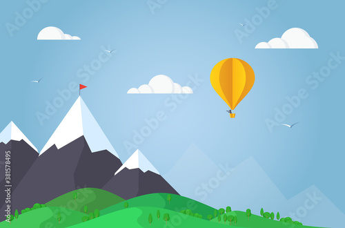 Hot air balloon flying in mountains. Paper art and origami style.