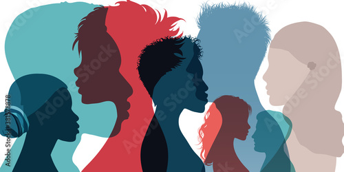 Racial equality and anti-racism. Silhouette profile group of men women and girl of diverse culture. Diversity multi-ethnic and multiracial people. Multicultural society. Friendship