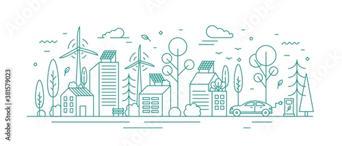 Modern environmentally friendly city with ecological infrastructure, electrical car charger, solar panel and windmill. Monochrome vector line art illustration of eco cityscape with alternative energy