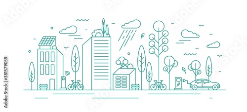 Modern city with ecological infrastructure and vehicles, roof greening, solar panels and electrical car charger. Green vector line art monochrome illustration of eco cityscape with alternative energy