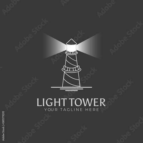 Lighthouse logo. outline style logo of lighthouse with light. Flat vector logo design