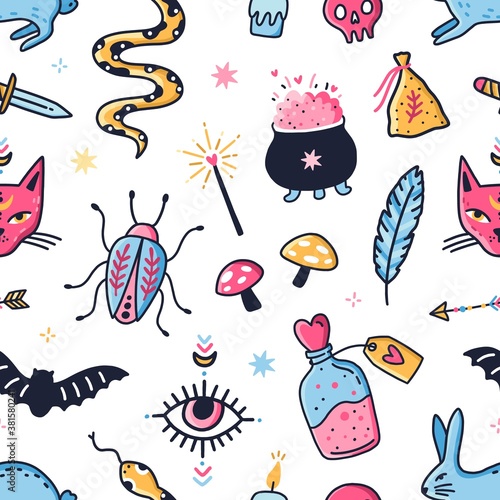 Seamless pattern with magical objects for fortune telling or clairvoyance. Repeatable background for witchcraft symbols. Flat vector illustration of magic ingredient for love potion and divination