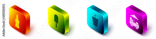 Set Isometric Bottle of water, Ice cream, Grilled shish kebab and Fast street food cart icon. Vector.