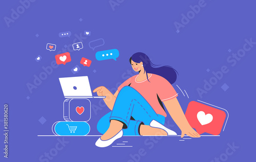 Social media addiction and time spending. Flat vector concept illustration of smiling woman sitting on the floor with laptop and browsing networks for chatting and getting likes and hearts bubbles