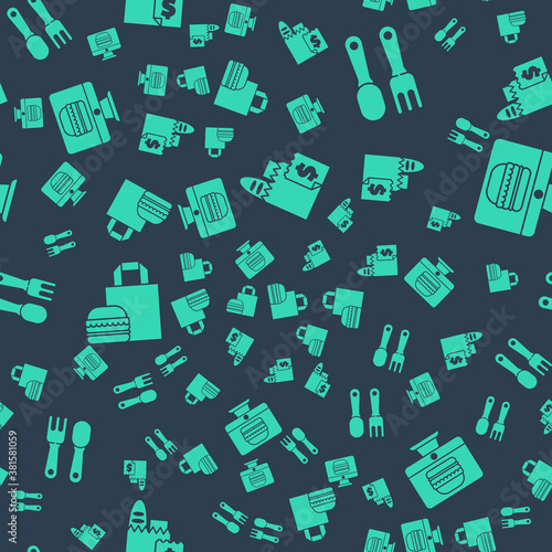 Set Online ordering and delivery, Fork and spoon, Online ordering burger delivery and Online ordering and delivery on seamless pattern. Vector.