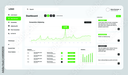 Dashboard UI. Modern presentation with data graphics. Admin panel, modern web design