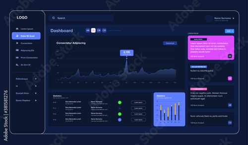 Dashboard UI. Modern presentation with data graphics. Admin panel, modern web design