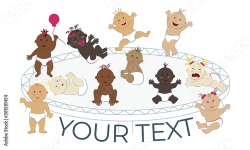 Happy multinational naked babies in diapers jumping on a trampoline. Vector template with copy space and diverse kids