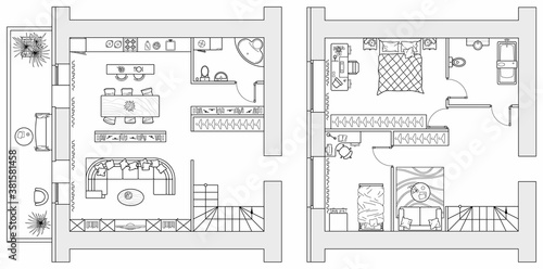 Planning of two storey apartment with arrangement furniture. Architectural drawing of the house (top view). Interior design  floor plan from above. Vector layout