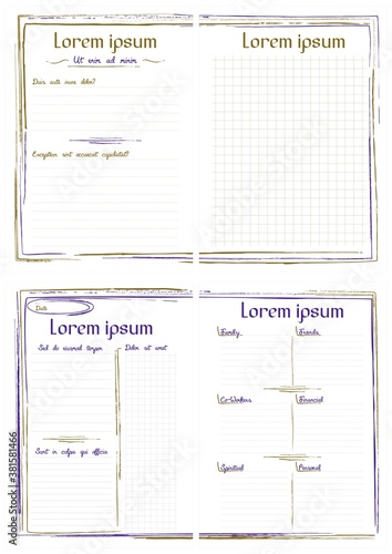 Simple A5 notepad page templates with ragged lines frame. Set of four backgrounds sheets for diary. Blank checked copy space and blank lined copy space