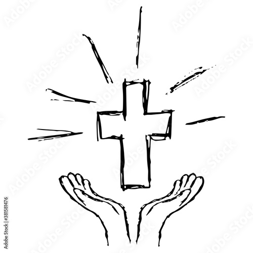 Simple grunge religious sketch of hands holding a cross. Vector outline freehand drawing of christian prayer symbol