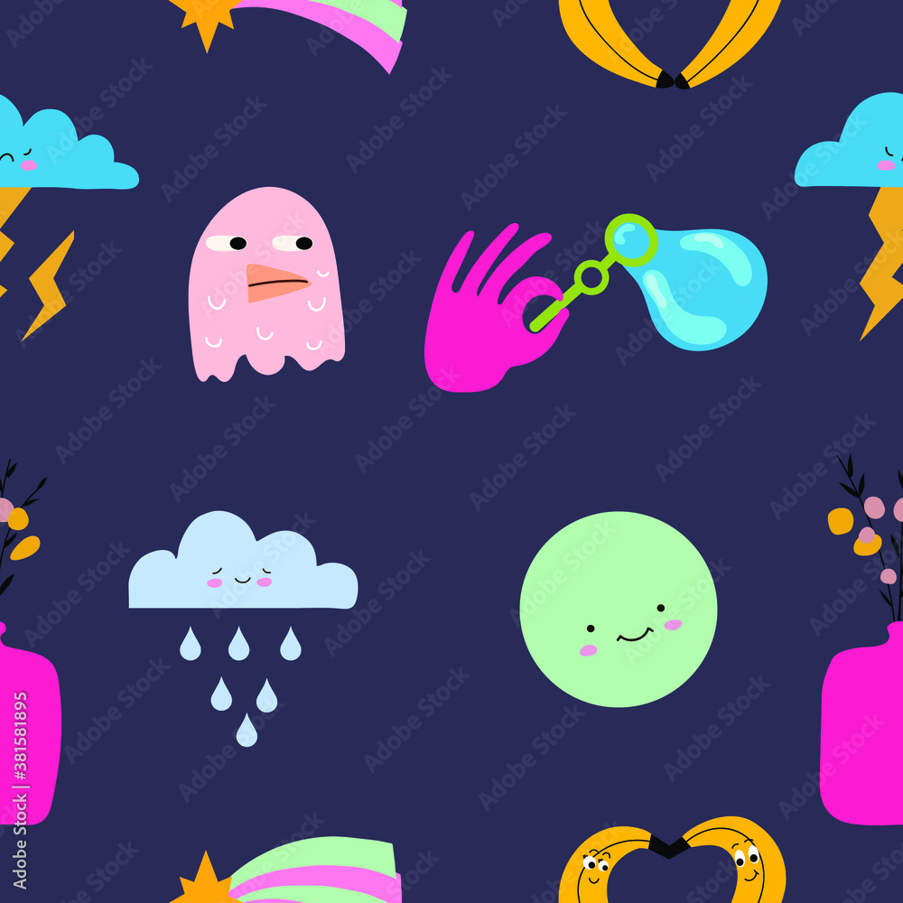 Seamless pattern and hand drawn texture. Different options for icons with emotions and moods. Vector flat illustration. 