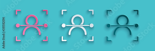 Paper cut Face recognition icon isolated on blue background. Face identification scanner icon. Facial id. Cyber security concept. Paper art style. Vector.